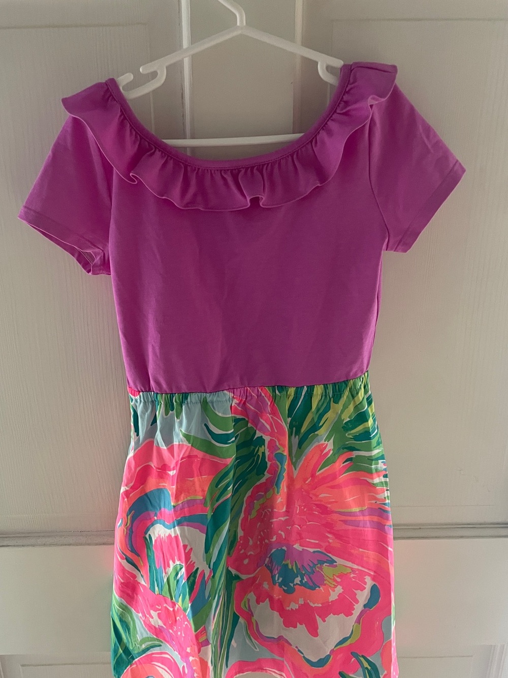 Lilly Pulitzer Girls Pink Ruffle-Neck Tropical Print Dress